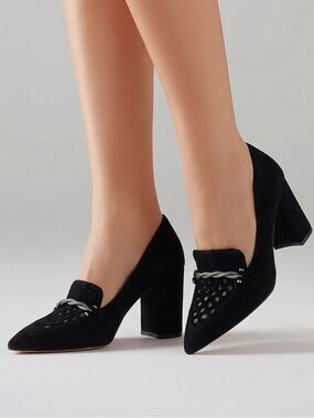 L'AGENCE | NEW Black Suede Mesh Pointed Toe Block Heel Pumps Size 8.5